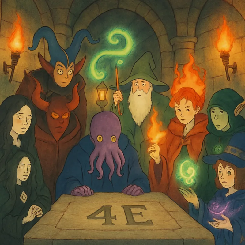 The Pactbearers' Gathering - A richly detailed image featuring eight warlocks from different magical pacts, assembled in a torch-lit chamber around a stone table. The table's surface is etched with the characters '4E'. Their attire, expressions, and magical effects visually highlight the unique source of each pact’s power. - AI image generated with GPT Image - ghibli