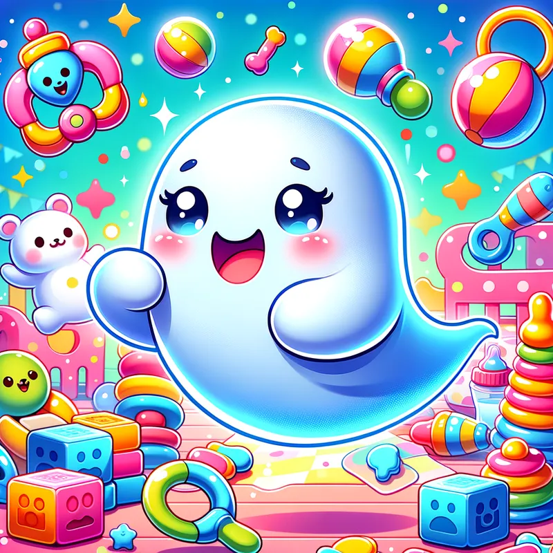 The Playful Baby Ghost - A fun and colorful cartoon-style baby ghost playing with toys and floating around joyfully. The background is vibrant and filled with baby-related items, creating a playful and lively scene. - AI image generated with Art