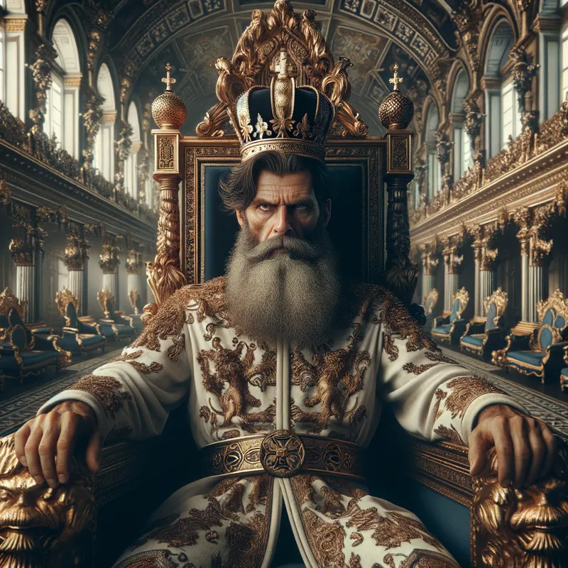 The Resolute Monarch - A fifty-year-old king with a majestic crown and a bushy beard sitting on his elaborate throne, displaying a tough facial expression, surrounded by an opulent throne room. - AI image generated with Art