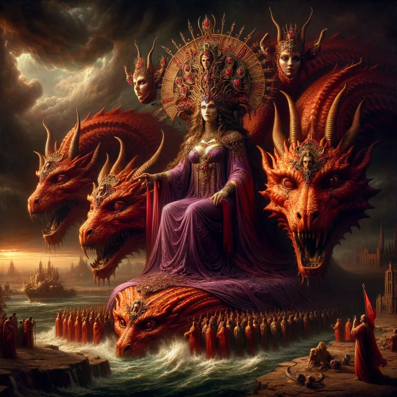 The Scarlet Woman - Create an image of a richly adorned woman in purple and scarlet, sitting on a large, fearsome scarlet beast with seven heads and ten horns. The woman has a mysterious and powerful presence, and on her forehead is written, "Babylon the Great, the mother of harlots and the disgusting things of the earth." The scene should convey a sense of both grandeur and impending doom, with dark, stormy skies and distant, shadowy figures representing the nations and kings she influences. The woman should appear both majestic and malevolent, capturing the dual nature of Babylon the Great. - AI image generated with Art - pro studio photo, photorealistic
