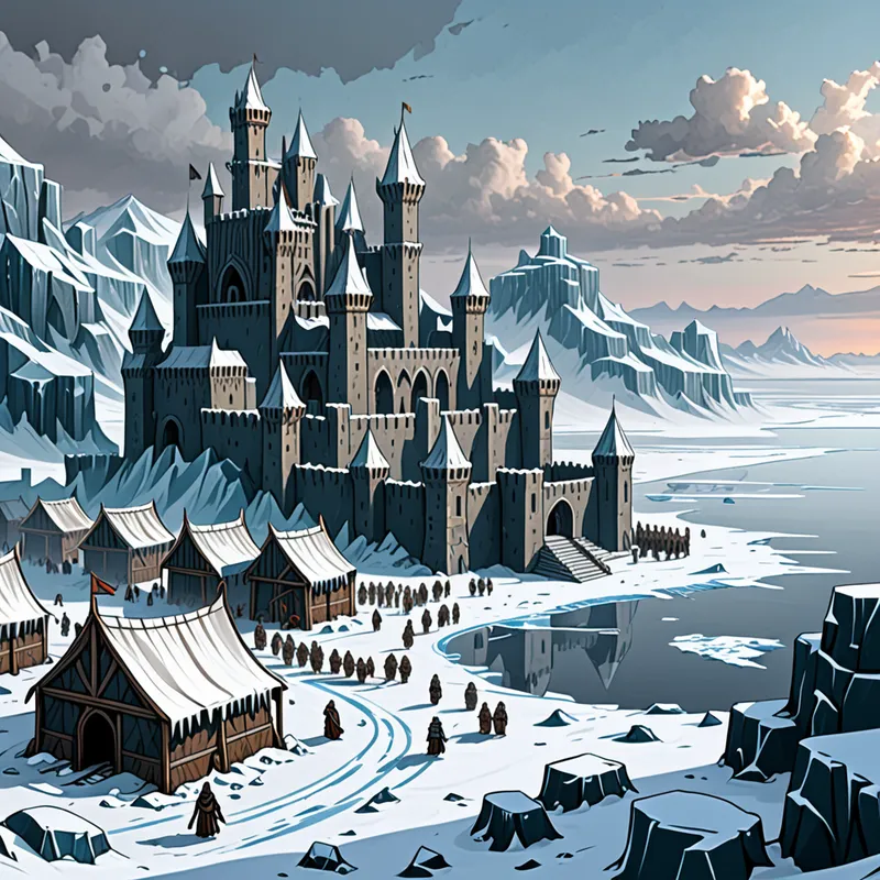 The Sea of Ice Bastion - A medieval-inspired stone city in a frozen wasteland, standing directly beside a vast icy sea. Its castle-like buildings are layered in snow and ice, and the entire city is defended by tall, thick stone walls. Beyond those walls, a large camp of destitute people struggles to survive in the brutal cold, with scattered fires, torn fabric shelters, and endless snowdrifts. Dark fantasy mood, panoramic composition, highly detailed, realistic and dramatic. - AI image generated with Fictional - panoramic view, fantasy art