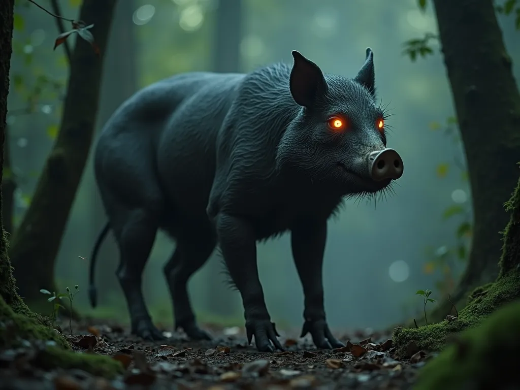 The Shape-shifting Aswang - An image capturing the moment of transformation of an Aswang in a secluded wooded area. The creature’s body parts seamlessly morph between human, bird, and pig, with its skin texture fluctuating and glowing eyes burning through the darkness. - AI image generated with Photorealistic 2