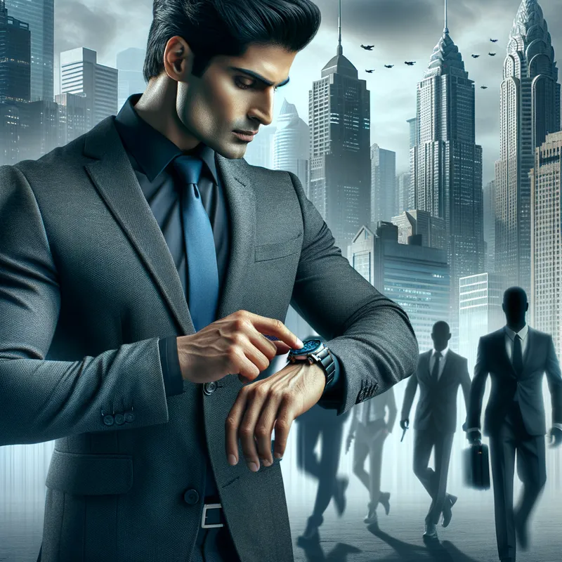 The Shifting Operative - A dashing secret agent looking confidently at his high-tech watch, poised to change form with an urban skyline and undercover figures in the background. - AI image generated with Art
