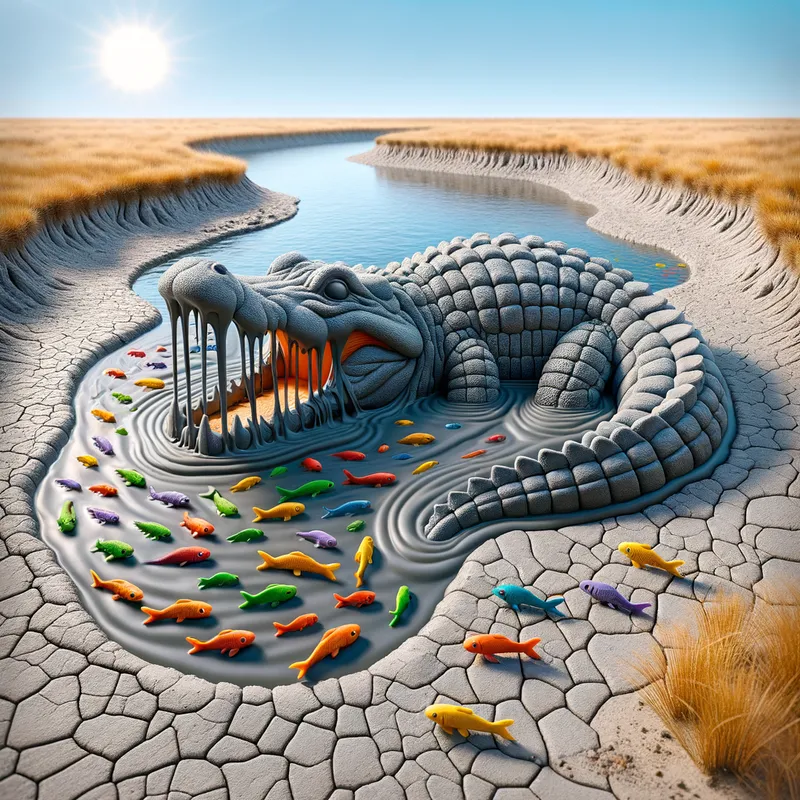 The Shrinking Pool - An image shows a huge crocodile in a state of despair, trapped in a diminishing muddy pool. Small, brightly colored fish keep their distance, observing from the clear waters of a river. The setting is composed of parched mud, brittle grass, and an intensely bright sun overhead. - AI image generated with Art