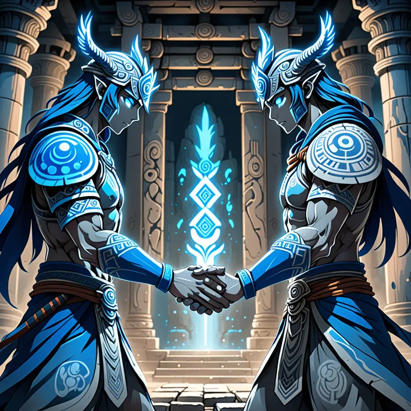 The Silent Alliance - Anime style art showing a powerful pact being made between two warriors, one themed in blue and the other in grey, in an ancient stone temple, soft glowing symbols surrounding their joined hands, dynamic shading, elegant character design. - AI image generated with Fictional