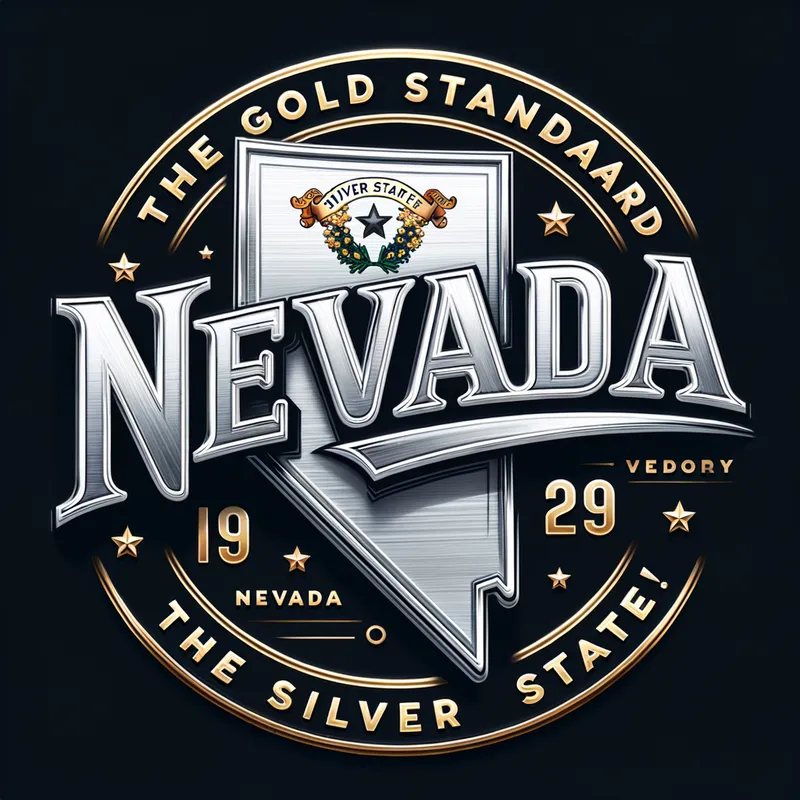 The Silver State Highlight - A polished silver outline of Nevada with the slogan 'The Gold Standard in the Silver State!' written in a bold and classy gold font. - AI image generated with Art