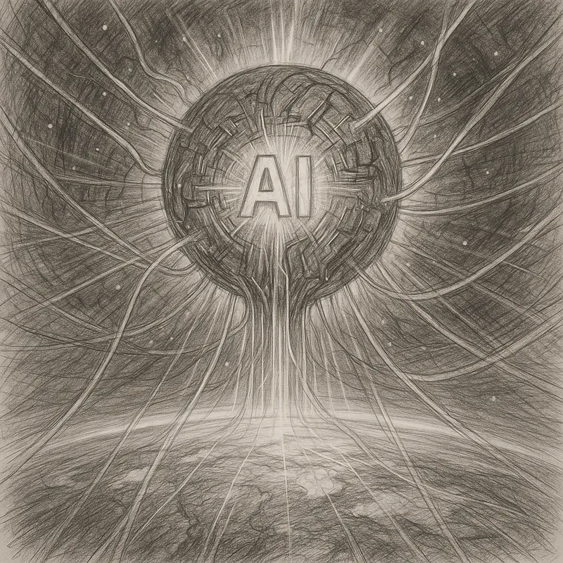 The Singularity - A visually stunning image of an AI singularity event, where a massive, energy-emitting AI core floats above the earth, connected to everything by streams of data and energy flows. - AI image generated with GPT Image - sketching