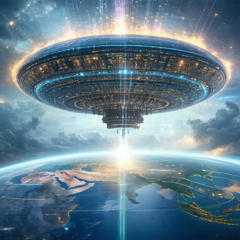 The Singularity - A visually stunning image of an AI singularity event, where a massive, energy-emitting AI core floats above the earth, connected to everything by streams of data and energy flows. - sketching