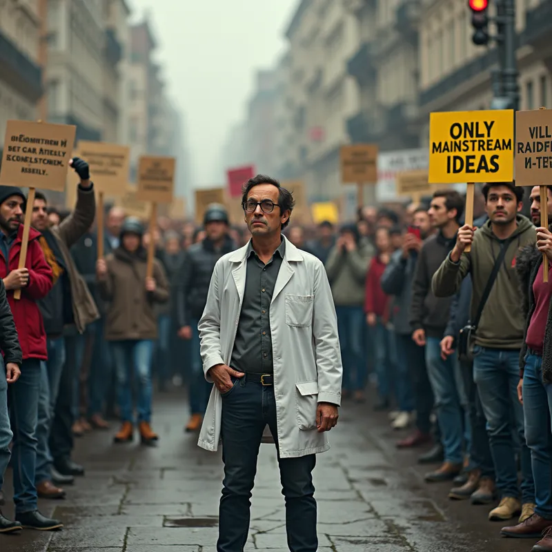 The Solitary Innovator - A solitary scientist faces a hostile crowd of peers, each holding signs that state 'ONLY MAINSTREAM IDEAS.' The lone scientist shows a mix of defiance and worry in their expression. - AI image generated with Photorealistic 2