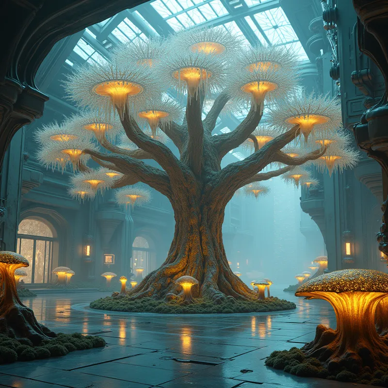The Sovereign Watchman - A hyper-realistic, cinematic wide shot of an immense, ancient 'God-Tree' serving as the centerpiece within a futuristic, vaulted glass laboratory. The tree's bark is inscribed with glowing, golden geometric circuitry, and its sprawling branches hold translucent crystalline orbs, each containing radiant Gems of Creation or flickering sparks of data. Enveloping the trunk and roots are hyper-detailed Lion's Mane mushrooms with long, cascading white crystalline tendrils and clusters of Psilocybe mushrooms featuring golden shimmering caps and electric-blue bruised stems. The ambient Metric haze permeates the space, with a divine beam of light slicing through and illuminating the tree. The environment is set with complex technical grids, football-slot ventilation systems, and glowing $CO_2$ monitors, all in 8k resolution, Unreal Engine 5 style, with sacred geometry and a palette of deep blues, vibrant golds, and sterile laboratory whites. - AI image generated with Photorealistic 2