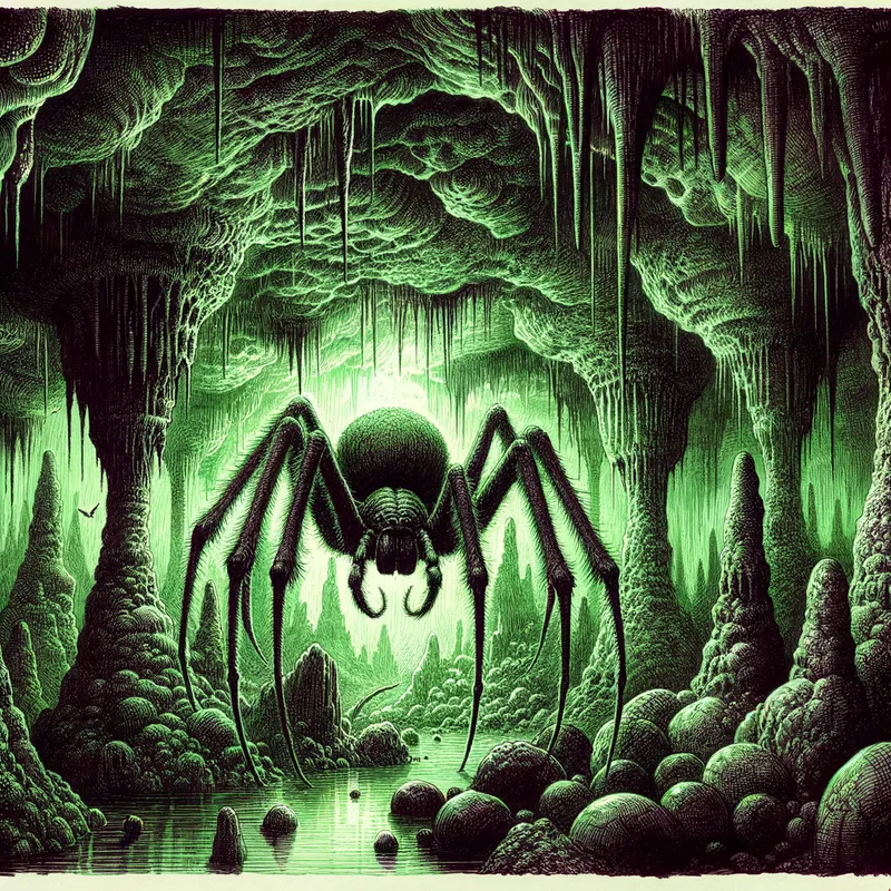 The Spider's Lair - An underground cave illuminated by eerie green light, with stalactites and stalagmites all around. A spooky spider, twice the size of a human, emerges from the shadows, ready to ensnare any intruders. - AI image generated with Art - Giger