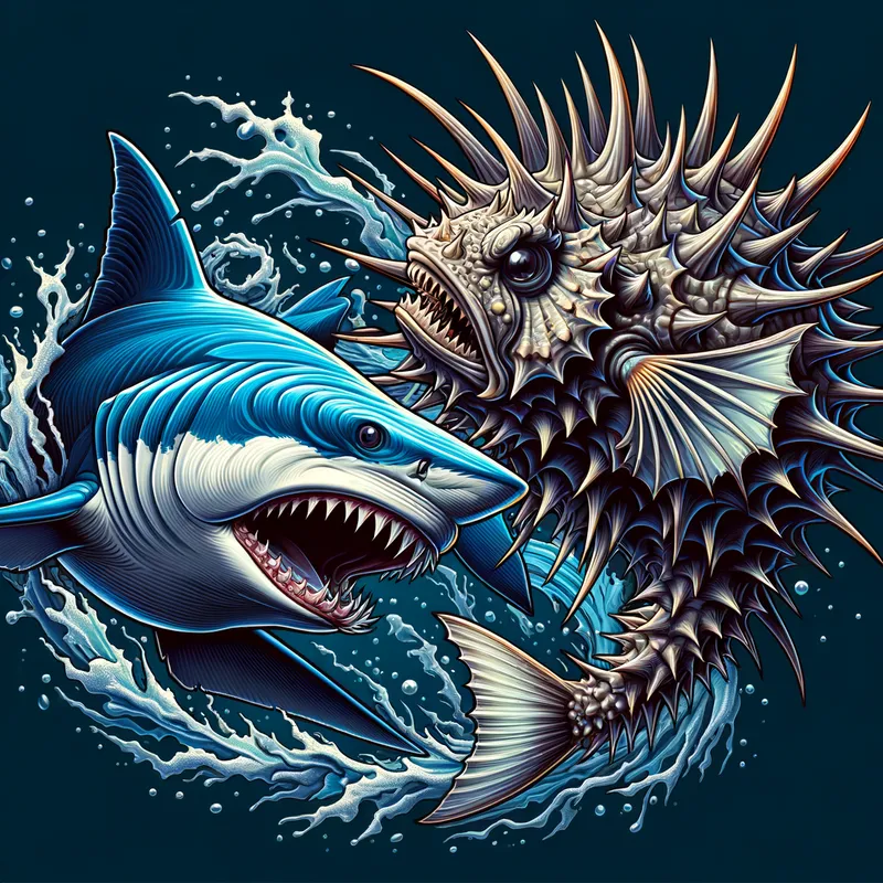 The Spiky Threat - A dynamic scene showing a cookie cutter shark darting away from a stonefish, whose spikes are vividly detailed, emphasizing the dangerous nature of the encounter. - AI image generated with Art