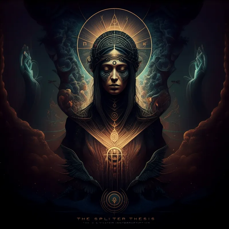 The Splinter Thesis Banner - A dark, deep-themed banner with mystical elements. Incorporate imagery of a truth-teller, spirit-weaver, and symbols of system interruption. Use dark colors with contrasting highlights to create a powerful, enigmatic vibe. Include the text "The Splinter Thesis" in a bold, captivating font. - AI image generated with Imagen 3