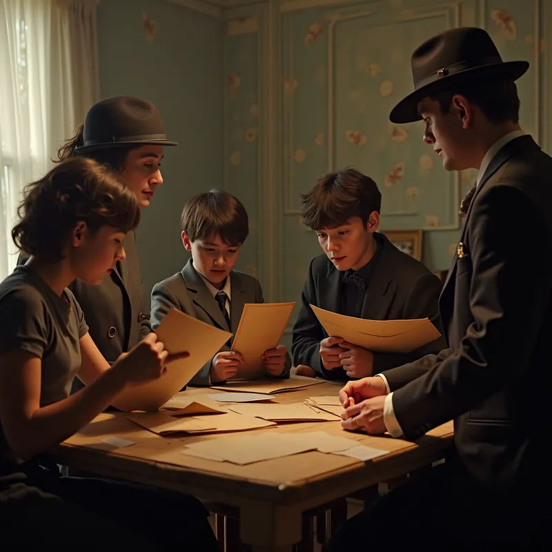 The Spy Team Reads Their Envelopes - a scene with a woman spy, a man spy, 2 boy spies, and a girl spy each reading a manila envelope of their own
 - AI image generated with Photorealistic 2