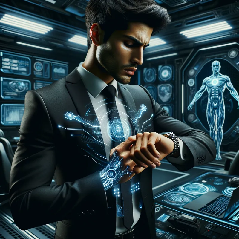 The Transforming Spy - A charismatic secret agent adjusting his watch, his body beginning to glow and change shape, surrounded by futuristic gadgets and vehicles in a covert operations room. - AI image generated with Art