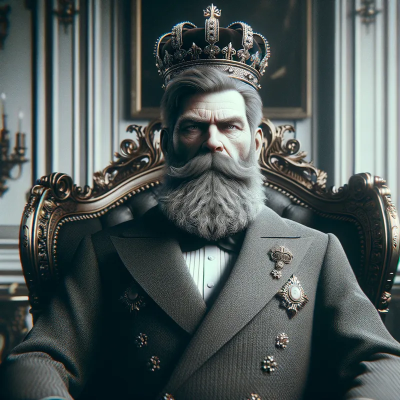 The Unyielding King - This image depicts a fifty-year-old king wearing an ornate crown and a full beard. He sits on his throne with a stern and tough facial expression, embodying the pinnacle of authority and strength. The throne room is depicted with opulent details. - AI image generated with Art