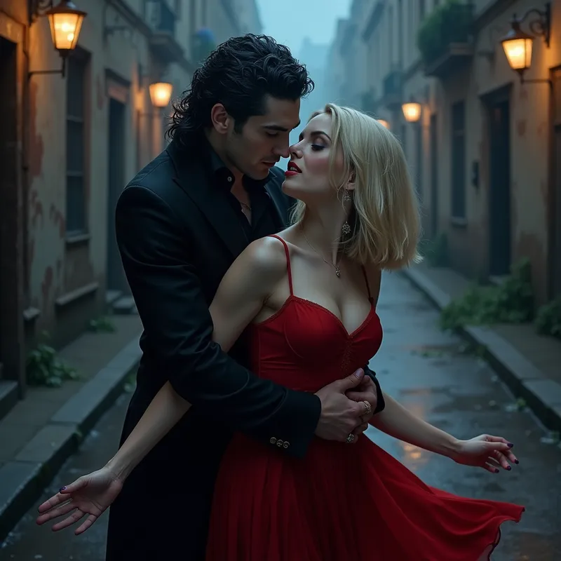 The Vampire’s Embrace - An atmospheric horror-romance scene set on a dark street in the center of town at night. A handsome vampire in all black with black-and-blue hair and a seductive white-toothed smile hovers close to a woman’s neck as she attempts to escape. She has stunning waist-length blond hair and wears a flowing low-cut red dress. Old buildings, dim lanterns, wet pavement reflections, suspenseful energy, elegant gothic aesthetic, ultra-detailed. - AI image generated with Photorealistic 2 - chalk, photorealistic, oil art