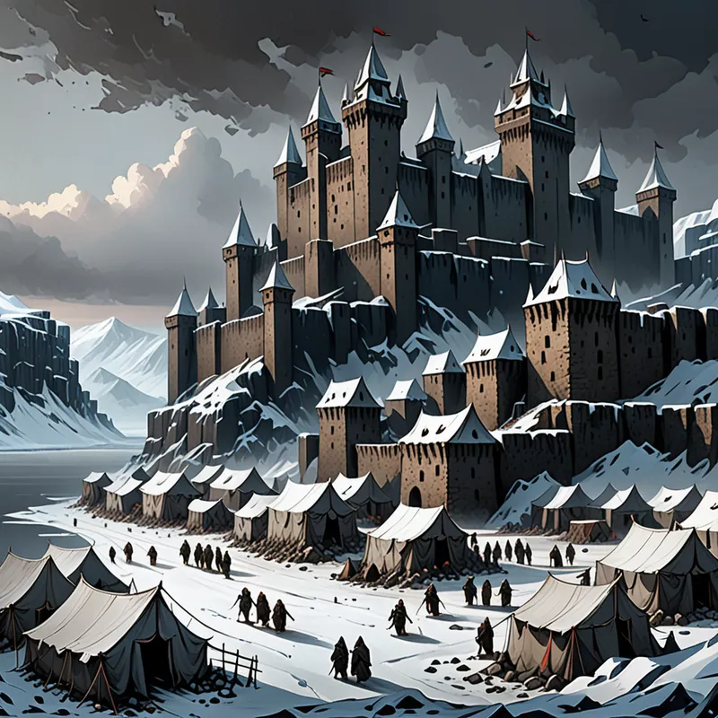 The Walled Winter Kingdom - An imposing snow-covered city of castle-like stone architecture standing on the edge of a frozen sea, enclosed by immense weathered stone walls. Beyond the walls lies a sprawling camp of impoverished and desperate survivors, their tents and crude shelters half-buried in snow. The contrast between the fortified city and the suffering outside is dramatic and haunting. Epic scale, moody lighting, realistic textures, highly detailed fantasy environment. - AI image generated with Fictional - panoramic view, fantasy art