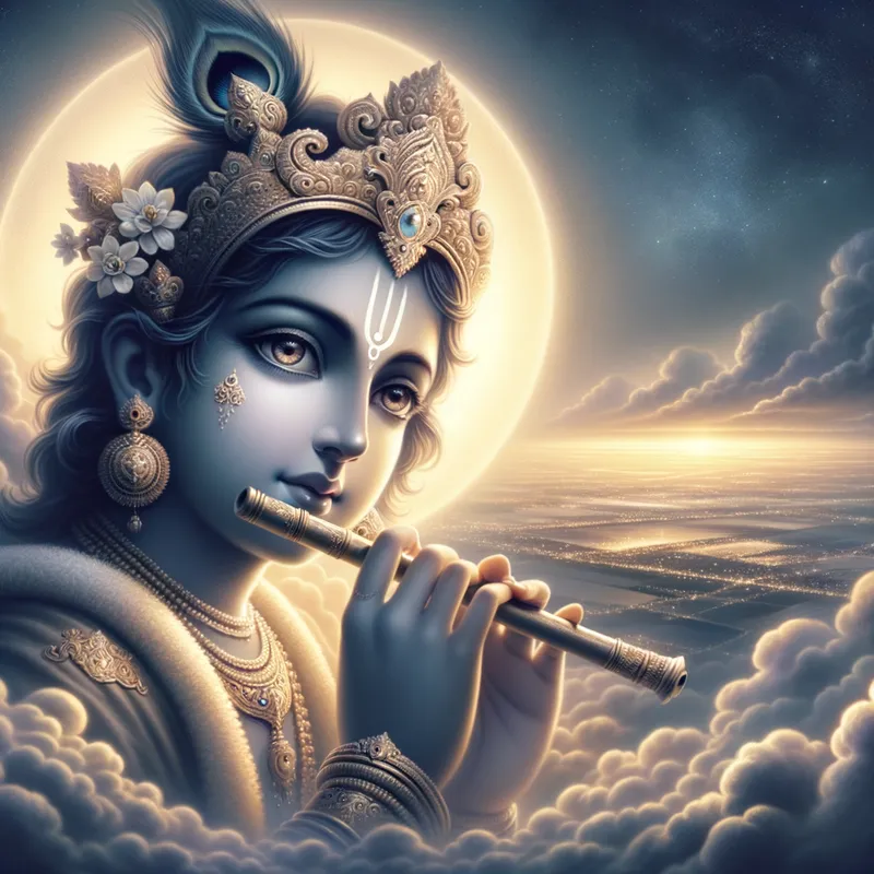 The Watchful Guardian - A divine image of Lord Krishna in a heavenly realm, observing the earthly world below. His eyes convey wisdom and understanding, signifying that karma will guide and correct one’s path, as he serenely plays his flute. - AI image generated with Art