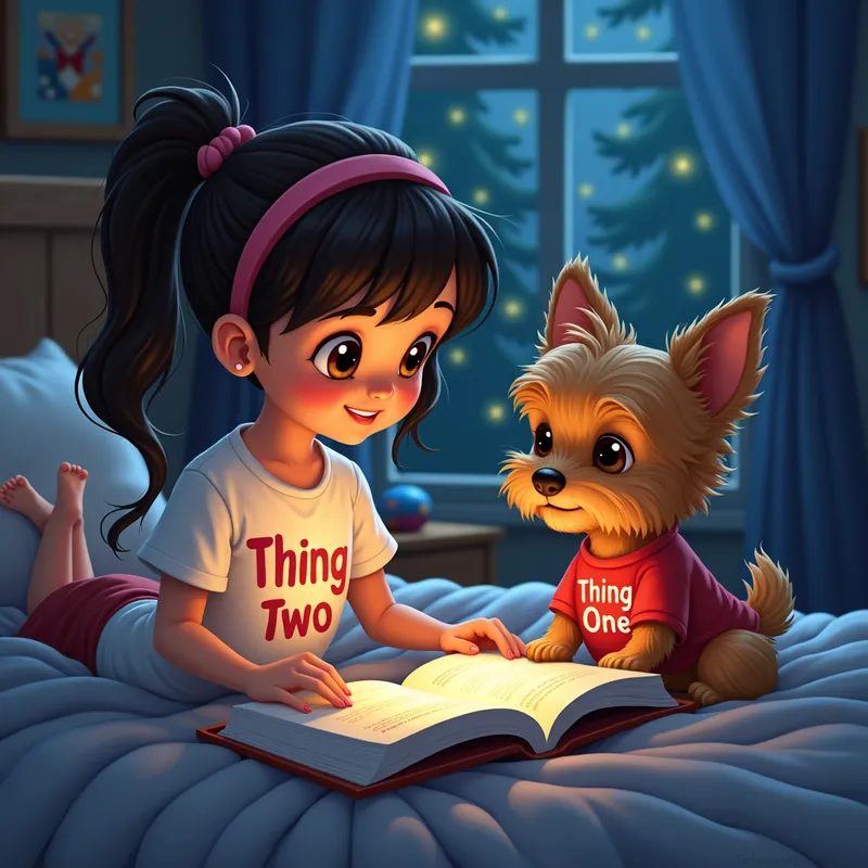 Thing One and Thing Two Bedtime Story - A cozy night scene with a little girl in a 'Thing Two' tee reading a bedtime story to her yorkie, who is wearing a 'Thing One' shirt. They are sitting on a comfy bed with soft lighting and illustrations from the storybook coming to life around them. - AI image generated with Photorealistic 2
