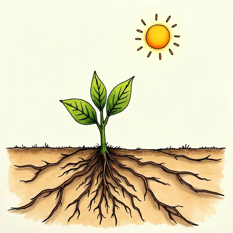 Thirsty Seedling - A small green plant with drooping leaves in cracked, dry soil. The plant's roots stretch downward, reaching desperately toward a faint glimmer of water below the surface. The sun is shining overhead, emphasizing the parched environment. - AI image generated with Photorealistic 2 - cartoony, doodle, alcohol ink