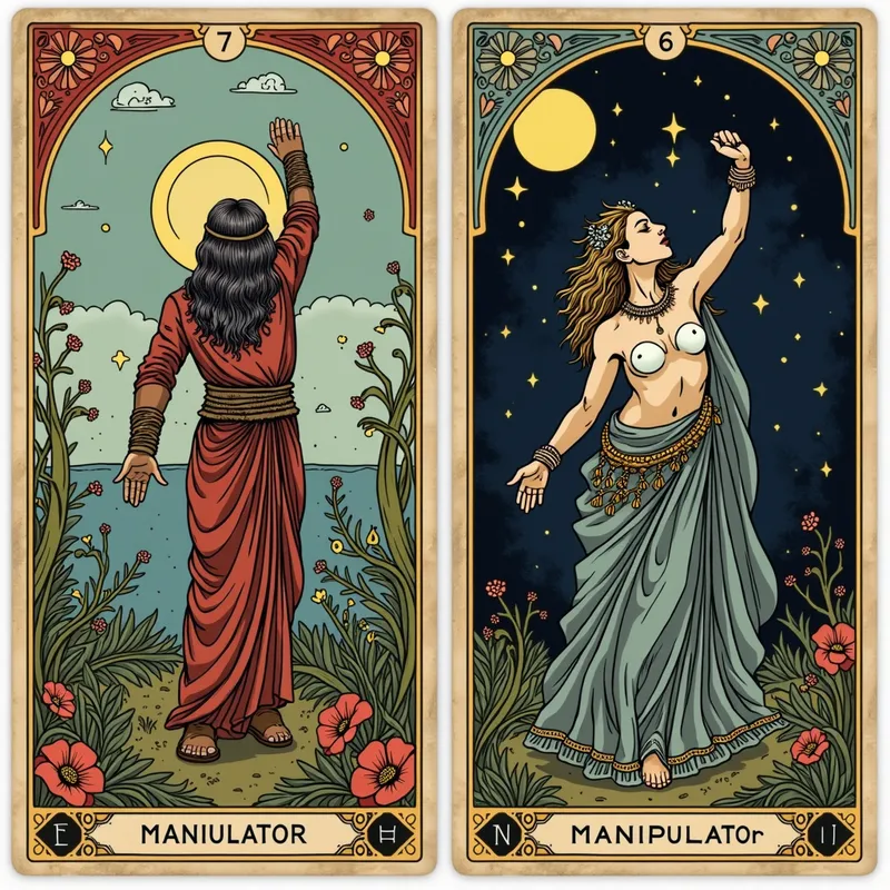 This oracle tarot card features The Mani - This oracle tarot card features The Manipulator – Emotional control, subtle power - AI image generated with Photorealistic 2