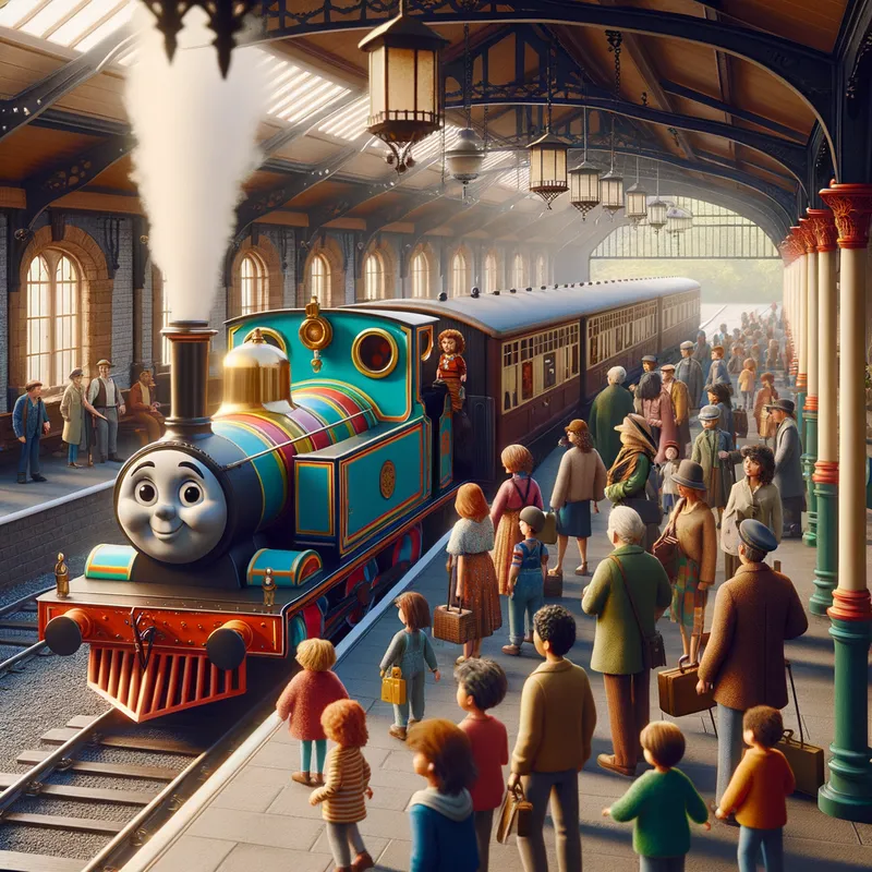 Thomas at the Old Station - A vintage railway station with Thomas the Tank Engine at the platform, steam billowing around, passengers boarding, and an air of nostalgia through the old-style architecture. - AI image generated with Art