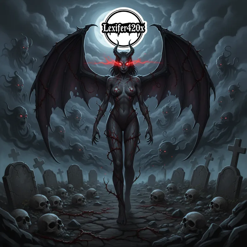 Thorned Demoness of the Night - Draw a female demon with glowing, sinister red eyes and rose thorns protruding from her form. She is surrounded by skulls, gravestones, and swirling evil spirits in a nighttime graveyard. The text 'Lexiifer420x' appears above within a crisp vector circle sticker design. - AI image generated with Nano Banana