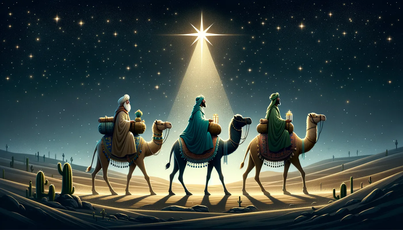 Three Wise Men Journey - The three wise men traveling through the desert on camels, guided by the star of Bethlehem, bearing gifts for the newborn Jesus. - AI image generated with Art