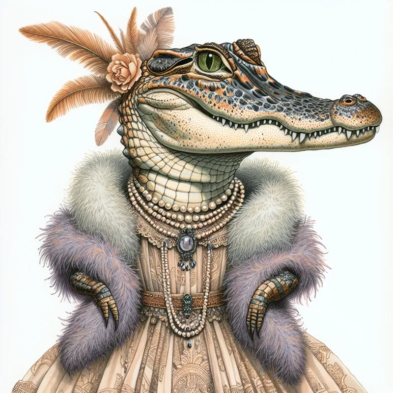 Thrifted Elegance Gator - Produce a sophisticated image of a gator dressed in a thrifted evening gown, accessorized with a feather boa, pearl necklace, and dramatic makeup, without a backdrop. - AI image generated with DALL-E 3