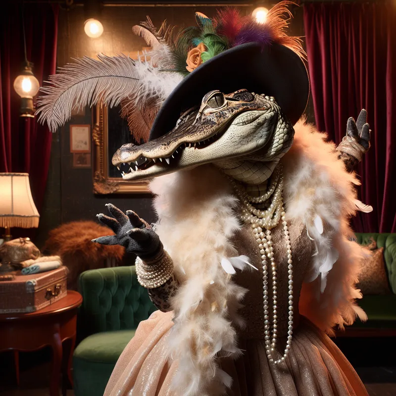 Thrifted Gator Diva - A gator striking a pose in a thrifted evening gown, glamorous feather boa, and a string of pearls, with eye-catching dramatic makeup. - AI image generated with DALL-E 3