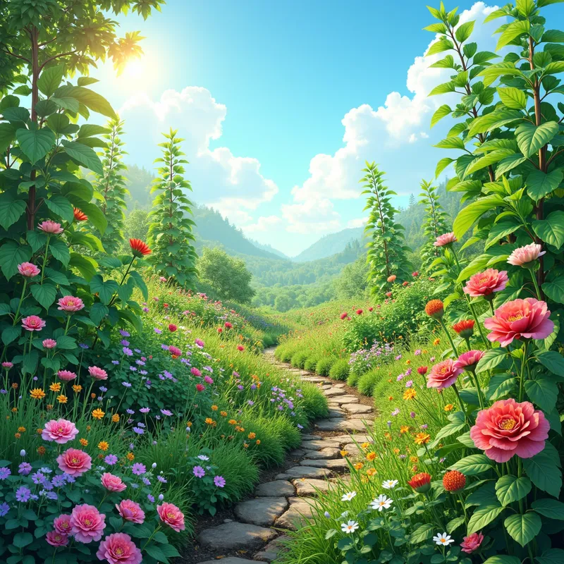 Thriving Climate - A vibrant scene showcasing a variety of plants flourishing in a healthy and balanced climate. The image features lush greenery, colorful flowers, and diverse plant species thriving under clear blue skies, symbolizing the harmony between nature and climate. - AI image generated with Photorealistic 2