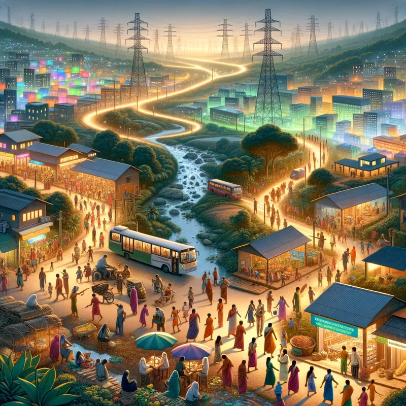 Thriving Sustainable Community - A vibrant and diverse community thriving under a comprehensive development plan. Infrastructure development is visible, with smooth roads connecting bustling local trade centers. Every household is connected to a robust electricity network, illuminating the community at night.
In the education sector, schools are bustling with activity, equipped with modern resources and dedicated teachers. Students are engaged in learning, with an emphasis on higher education and vocational training.
Efforts to reduce poverty are evident, as local industries and small businesses create job opportunities for community members. Financial support and entrepreneurial training empower citizens to start their own ventures.
Clean water supply systems ensure every home has access to life's essential resource, while water conservation and management practices are promoted to protect the environment.
Agricultural support flourishes, with modern farming techniques and resources provided to local farmers. Cooperatives help farmers secure better prices for their produce, contributing to the - AI image generated with Art