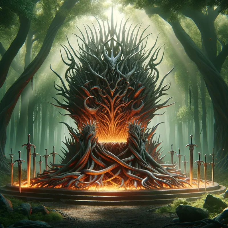Throne of Flames - A grand throne made of intertwined tree roots and dragon bones in the middle of a forest. A powerful, fiery presence emanates from it, with swords embedded in the ground around. Perfect for a power metal CD cover. - AI image generated with Art - fantasy art