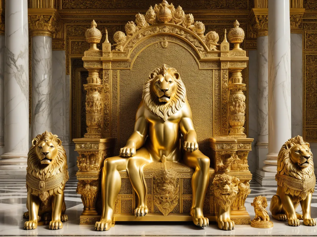 Throne of the Ancients - An ornate golden throne, its intricate design a testament to the grandeur of a bygone era, surrounded by the watchful gaze of noble marble lions. - AI image generated with Photorealistic