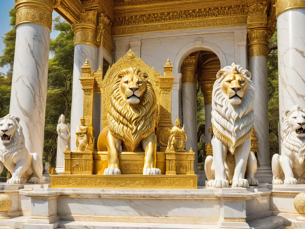 Throne of the Emperors - An awe-inspiring golden throne, its grandeur amplified by the majestic white marble statues of lions, positioned as eternal sentinels at its elevated perch. - AI image generated with Photorealistic