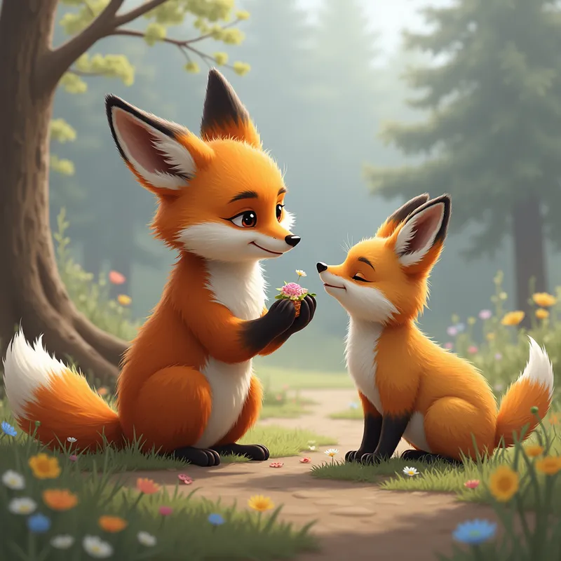 Tibetan Fox Helping a Pika - create a realistic but cute photo of a Tibetan fox helping a Pika - AI image generated with Photorealistic 2