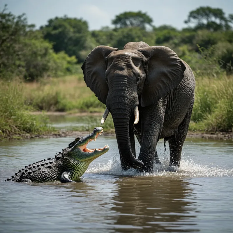 Tidal Predicament - In a hyper-realistic and ultra-detailed 4K cinematic scene, an elephant faces an unexpected crocodile attack as it steps into water. Shot in stunning clarity with Sony Alpha a9 II and Sony FE 200-600mm f/5.6-6.3 G OSS lens, producing a brutally realistic depiction of nature's raw struggles. - AI image generated with HiDream Full