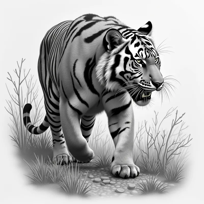 Tiger Hunting in Pencil Sketch - grayscale realistic detailed pencil drawing of a tiger hunting - AI image generated with Photorealistic 2