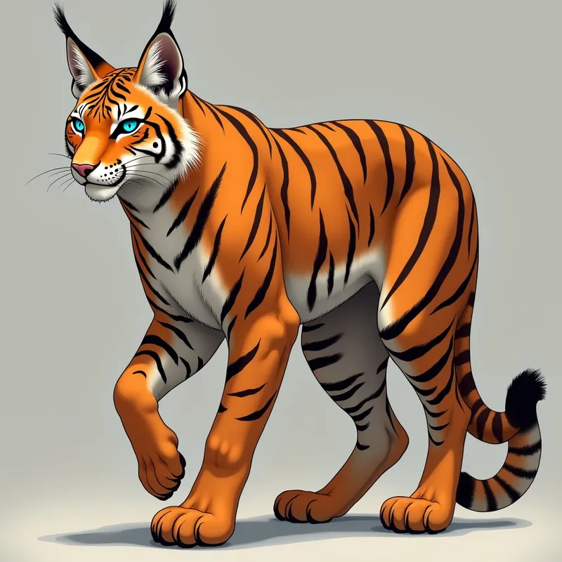 Tiger-Spotted Wildcat Stalker - A large-bodied, athletic wildcat blending traits of lynx, cougar, and tiger. It has a short, vibrant red-orange coat with tiger-like black stripes and lynx-like brown spots across its muscular body. Its face is detailed with tan and white stripes, featuring electric blue eyes and tufted lynx ears, while its oversized paws and limber legs are built for agility. - AI image generated with Photorealistic 2
