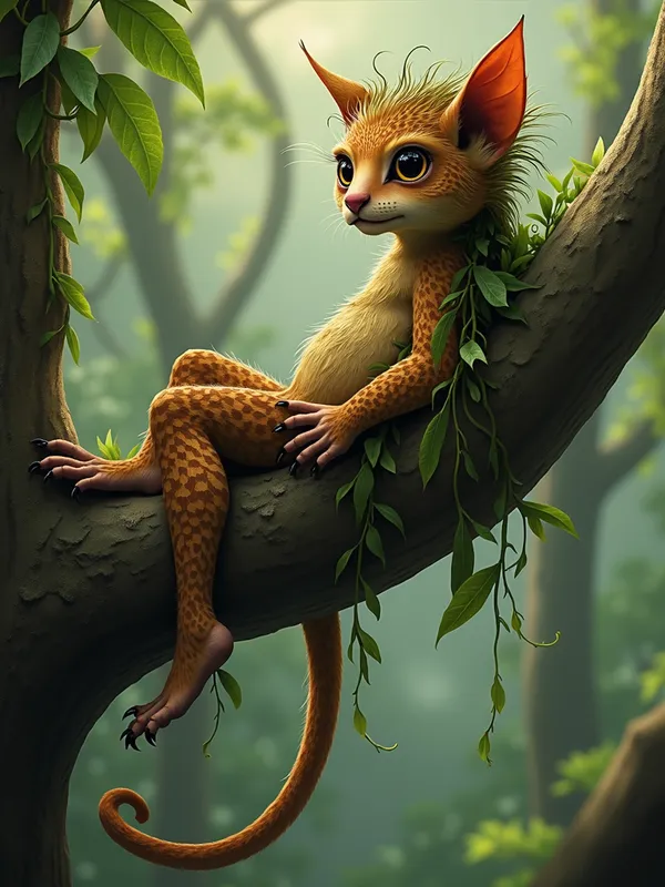 Tikbalang Among the Treetops - A Tikbalang lounging on the branches of a tall tree, showcasing its slender body and long limbs. With a mischievous expression, it appears almost camouflaged with its mottled earthy skin and hair decorated with leaves and vines, perfectly at home in its forest habitat. - AI image generated with Photorealistic 2