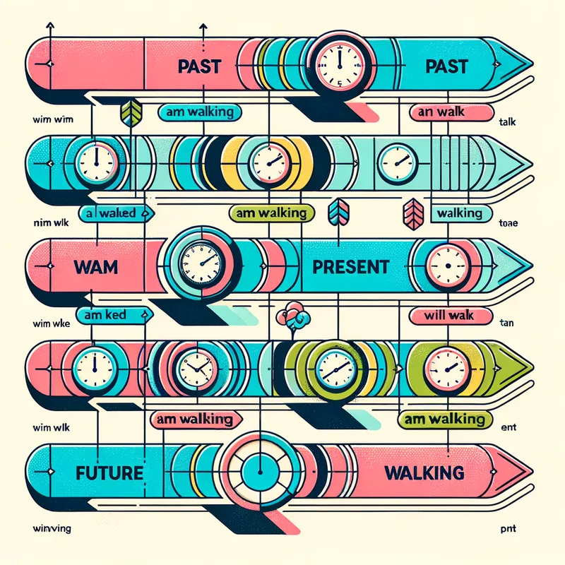 Time Progression Infographic - An infographic-style timeline that shows progression through time with 'PAST', 'PRESENT', and 'FUTURE'. Each tense is visually represented with different colors and related icons like arrows and clocks, clearly displaying the verbs 'walked', 'am walking', and 'will walk' in their respective sections. - AI image generated with Art