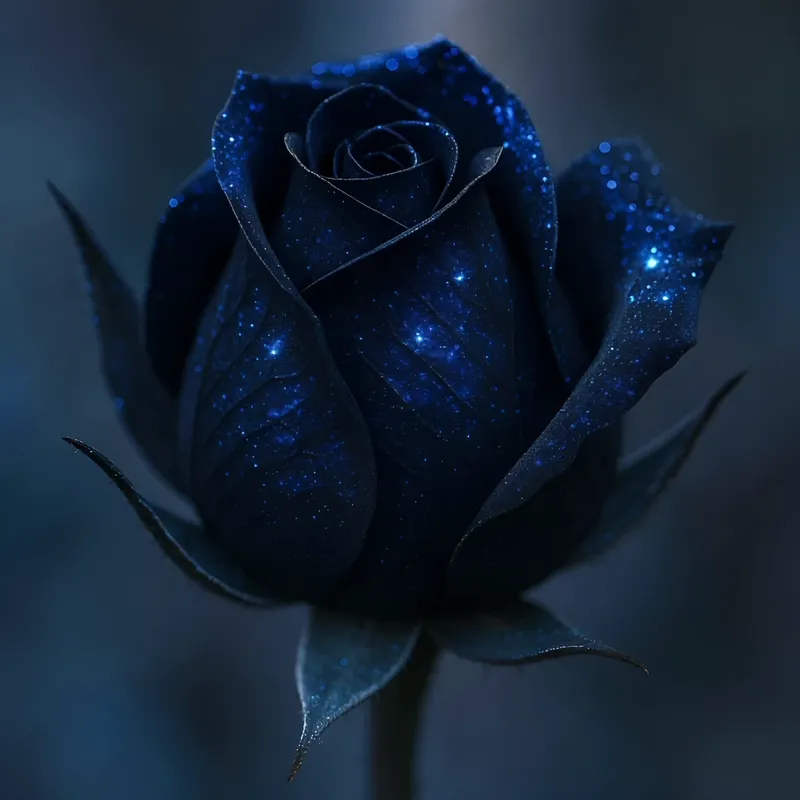 Timelapse: Black Rose Blooming - A macro, timelapse of a black rose. The sequence begins with a closed rosebud and progresses through the entire blooming process until the flower is fully open. Focus is sharp on the petals, with a shallow depth of field. The color is a rich with sapphire hues and sparkling highlights.. - AI video generated with Vidu 2