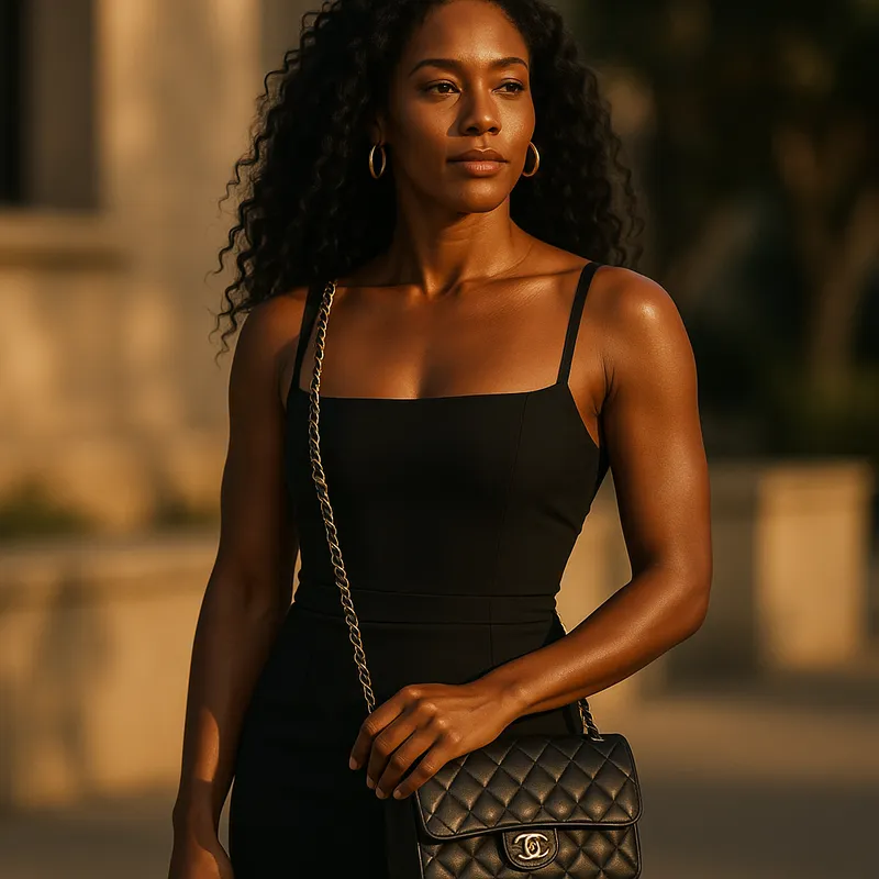 Timeless Chic - A confident, stylish African American woman in her late 30s with long black curly hair, sunkissed skin, and a fit, athletic build. She wears a sleek black midi dress with a square neckline, delicate straps, and a cinched waist. She pairs it with a CHANEL bag and gold hoop earrings. Her expression is calm, cool, and self-assured, radiating elegance and glamour. Scene style: cinematic and editorial. Lighting: soft golden hour. Mood: timeless, powerful, and effortlessly chic. Aspect ratio: 16:9. - AI image generated with GPT Image