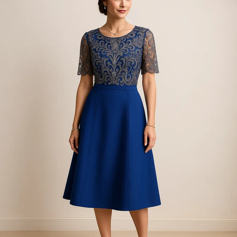 Timeless Elegance - A woman in a dressy separate ensemble: a royal blue skirt and an intricately designed blouse. She adorns classy black wedges and delicate jewelry, perfect for a high-end dinner or social gathering. - AI image generated with GPT Image