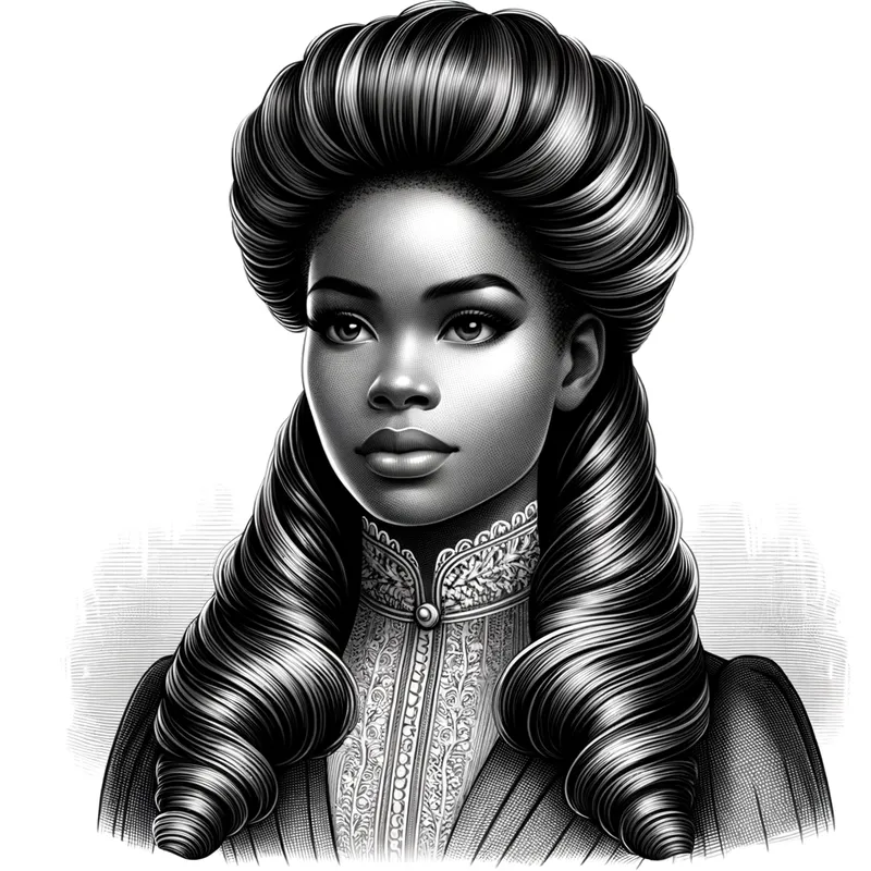 Timeless Grace - A portrait of an African American woman with a Victorian hairlook, showcasing a sophisticated front up style paired with long, graceful strands down her back, dressed in period attire. - AI image generated with Art
