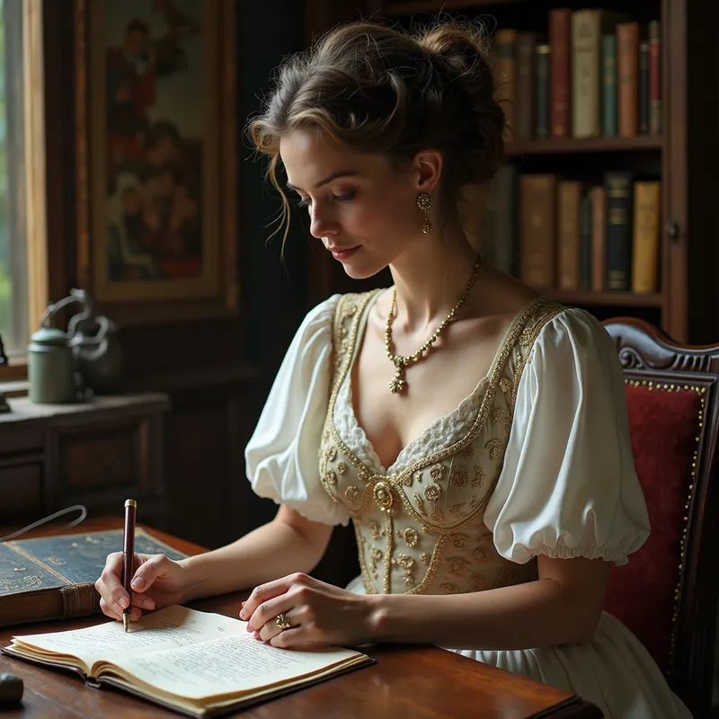 Timeless Lady in an Antique Room - An elegant lady in a vintage dress, sitting at an antique writing desk, surrounded by old books and artifacts, pondering over a letter in her hand. - AI image generated with Photorealistic 2
