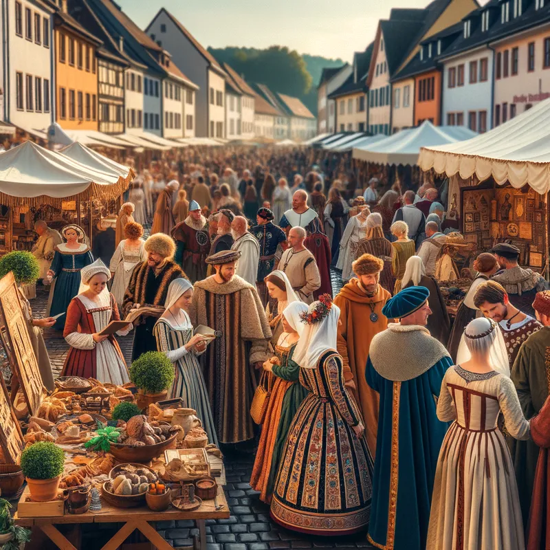Timeless Traditions - A picturesque scene of a town's annual historic festival. People dressed in traditional costumes, booths displaying historical artifacts, and reenactments of significant events emphasize the importance of the town's history. - AI image generated with Art