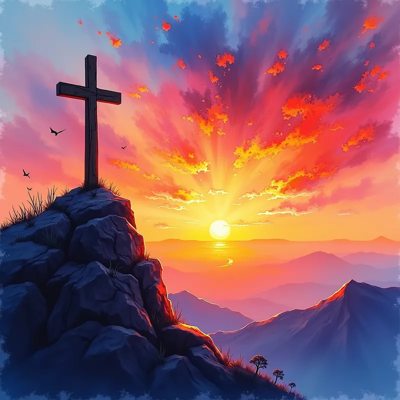 Timeless Tranquility - In an abstract landscape, a wooden cross is set on the left side of a mountain. The right side showcases a stunning sunset with colorful and vibrant transparent hues filling the sky. - AI image generated with Photorealistic 2 - alcohol ink, vivid colors
