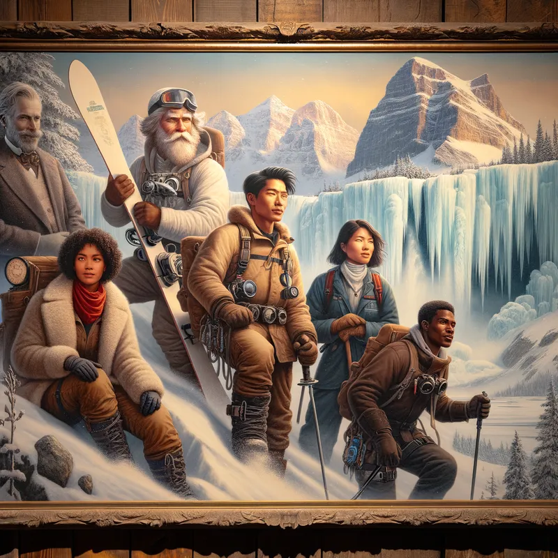 Timeless Trekkers - An antique-style wall portrait showcasing a team of adventurers exploring a snow-covered mountain landscape, complete with a dramatic waterfall in the background. - AI image generated with Art - antique wall portrait